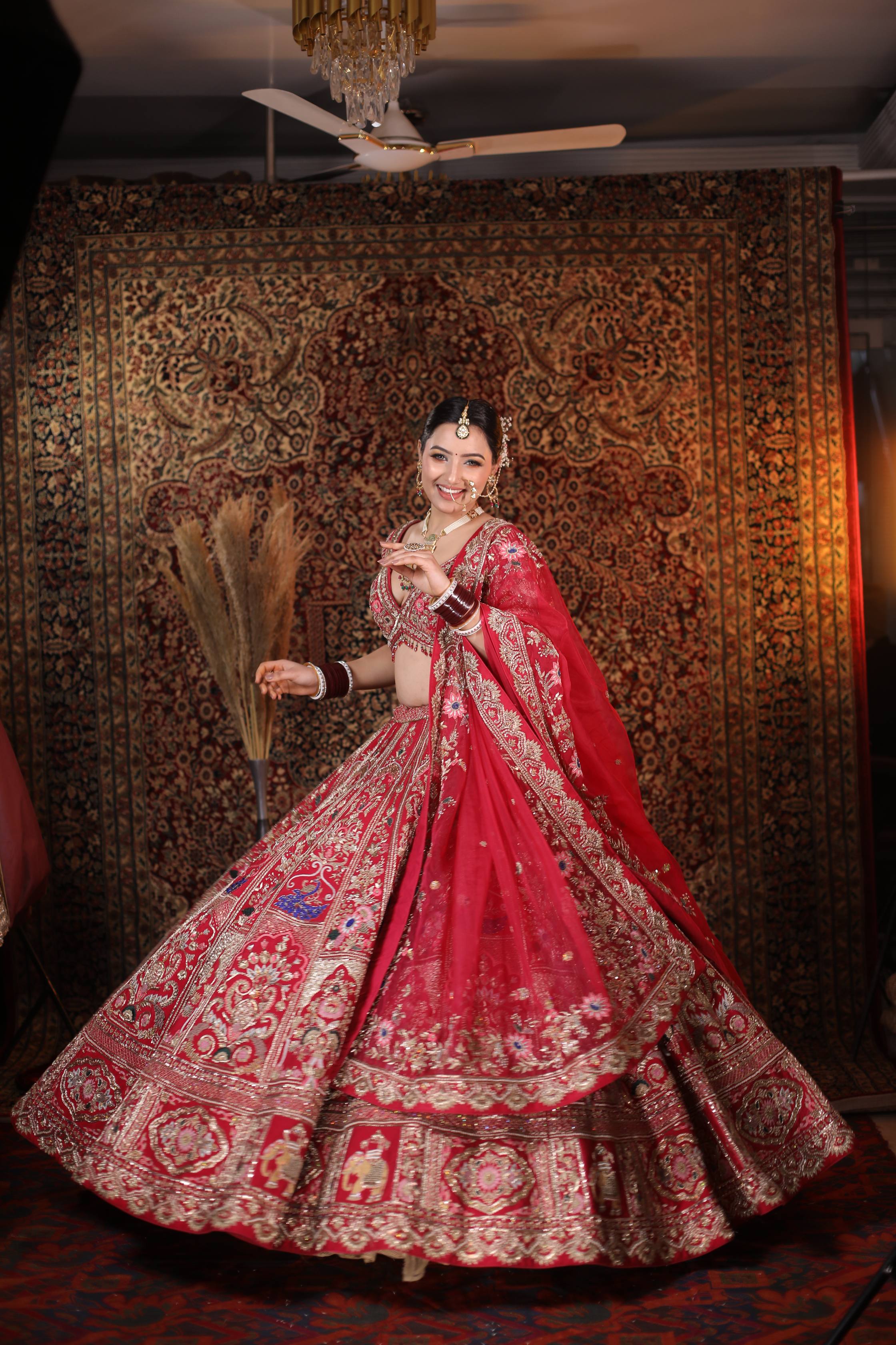 Luxurious Red Bridal Lehenga with Golden Zari Embroidery and Silk Dupatta