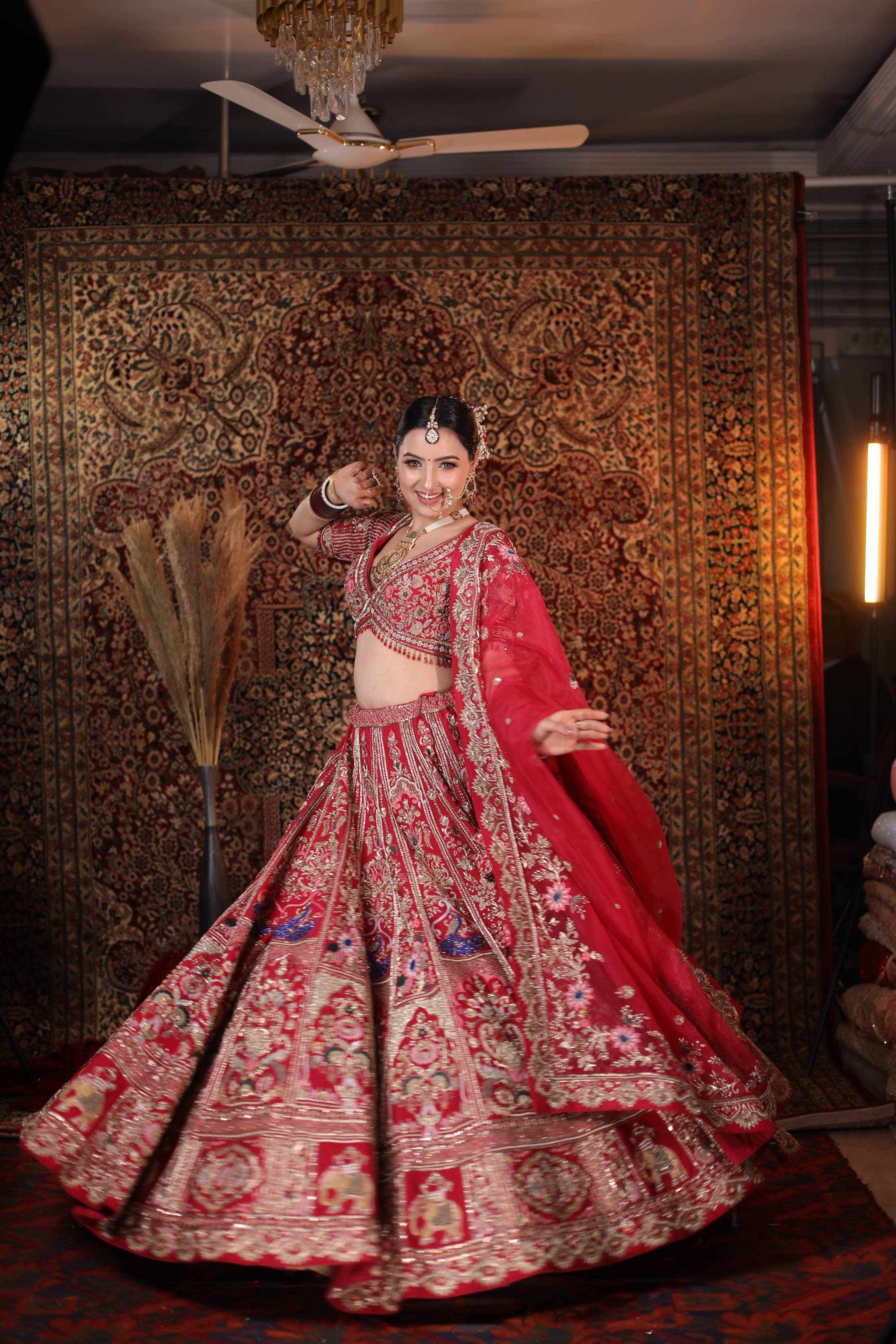 Luxurious Red Bridal Lehenga with Golden Zari Embroidery and Silk Dupatta