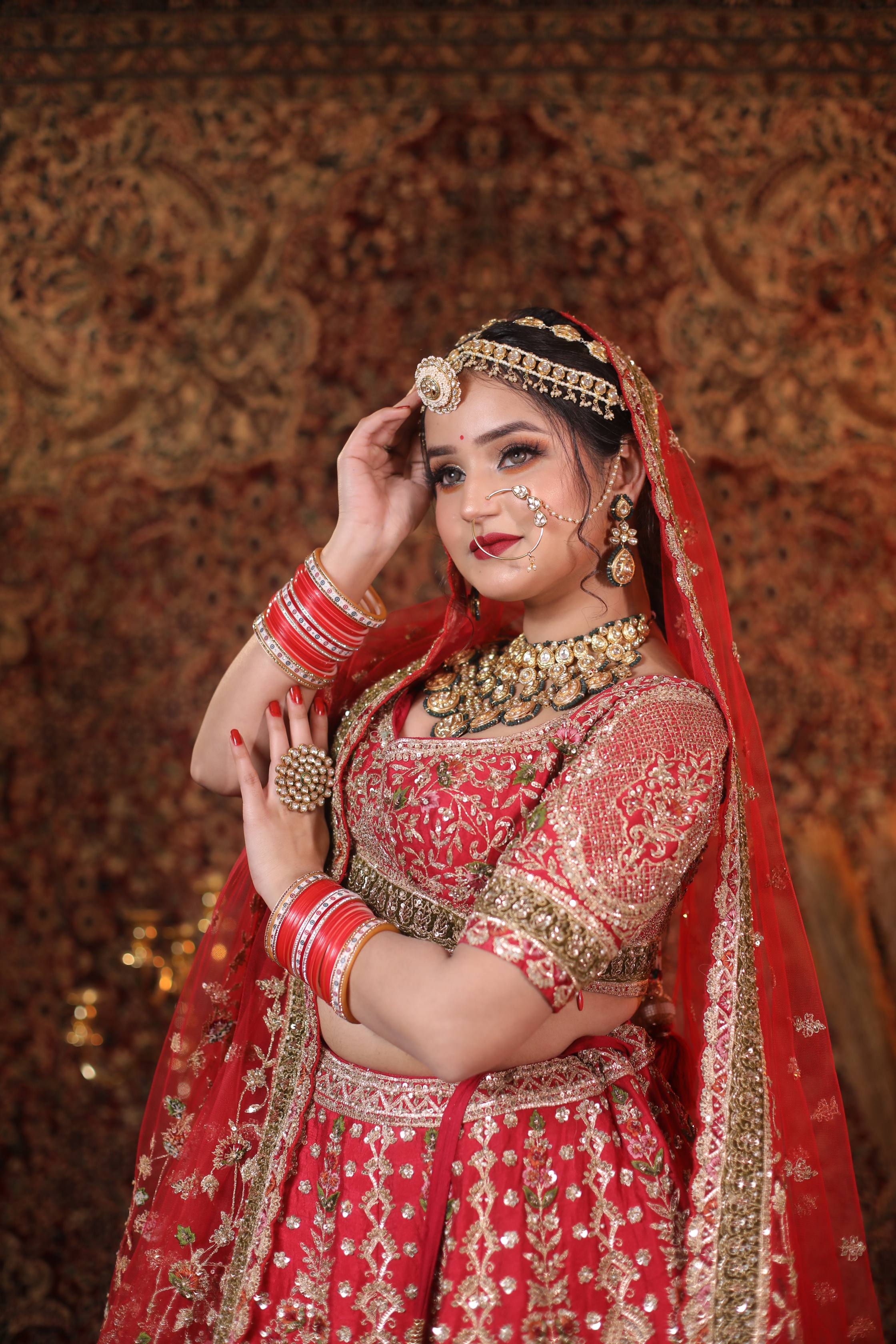 Luxurious Red Bridal Lehenga with Golden Zari Embroidery and Silk Dupatta