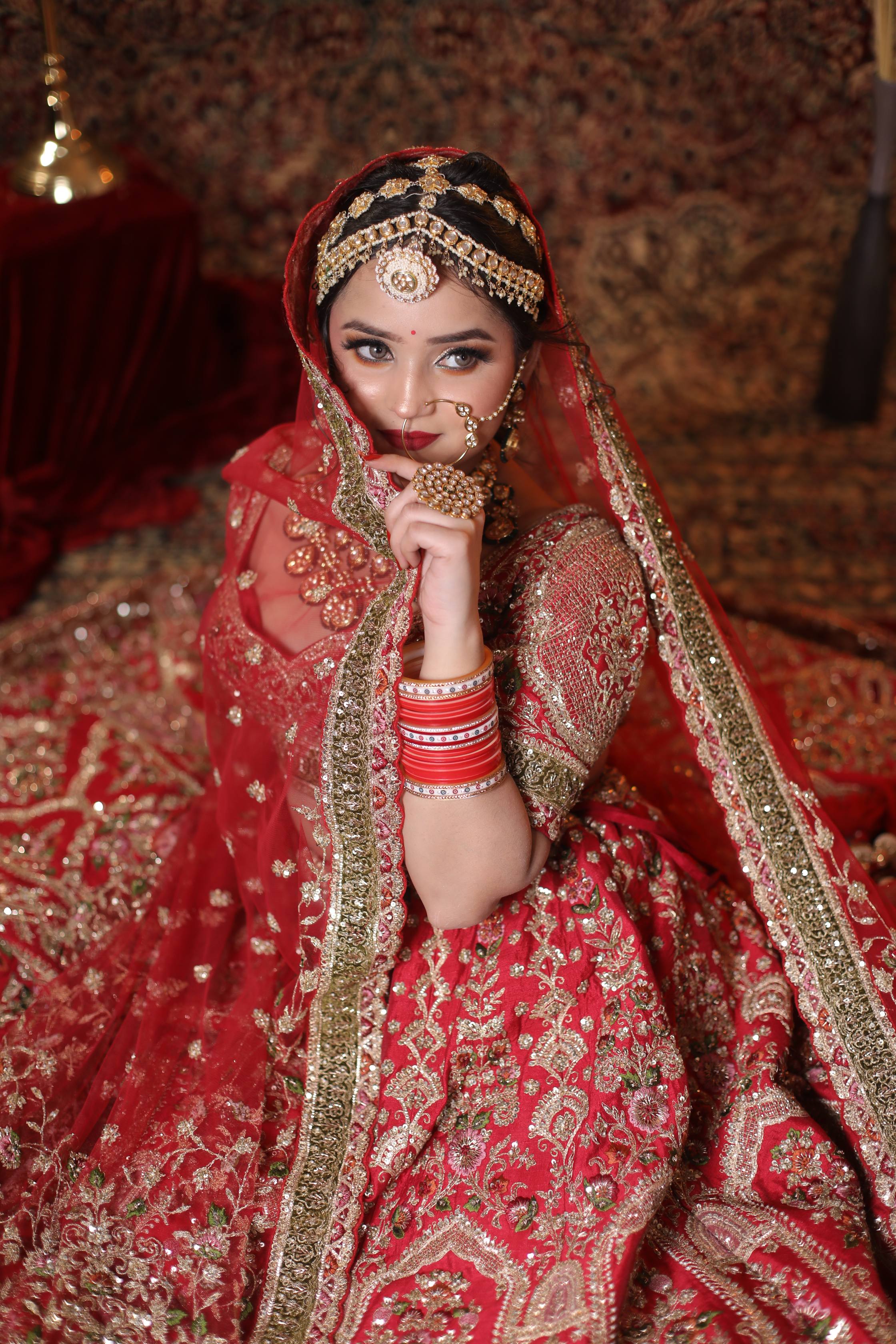 Luxurious Red Bridal Lehenga with Golden Zari Embroidery and Silk Dupatta