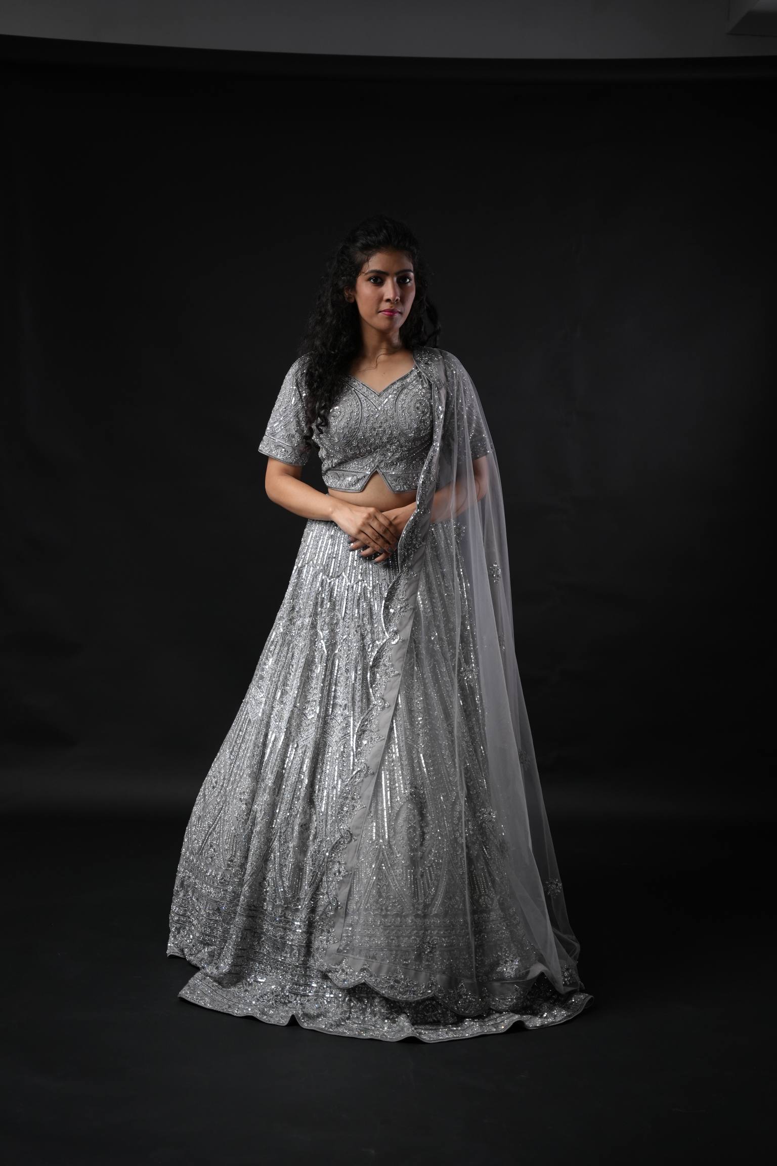 Stunning Silver Grey Sequin Lehenga with Floral Embroidery and Sheer Dupatta