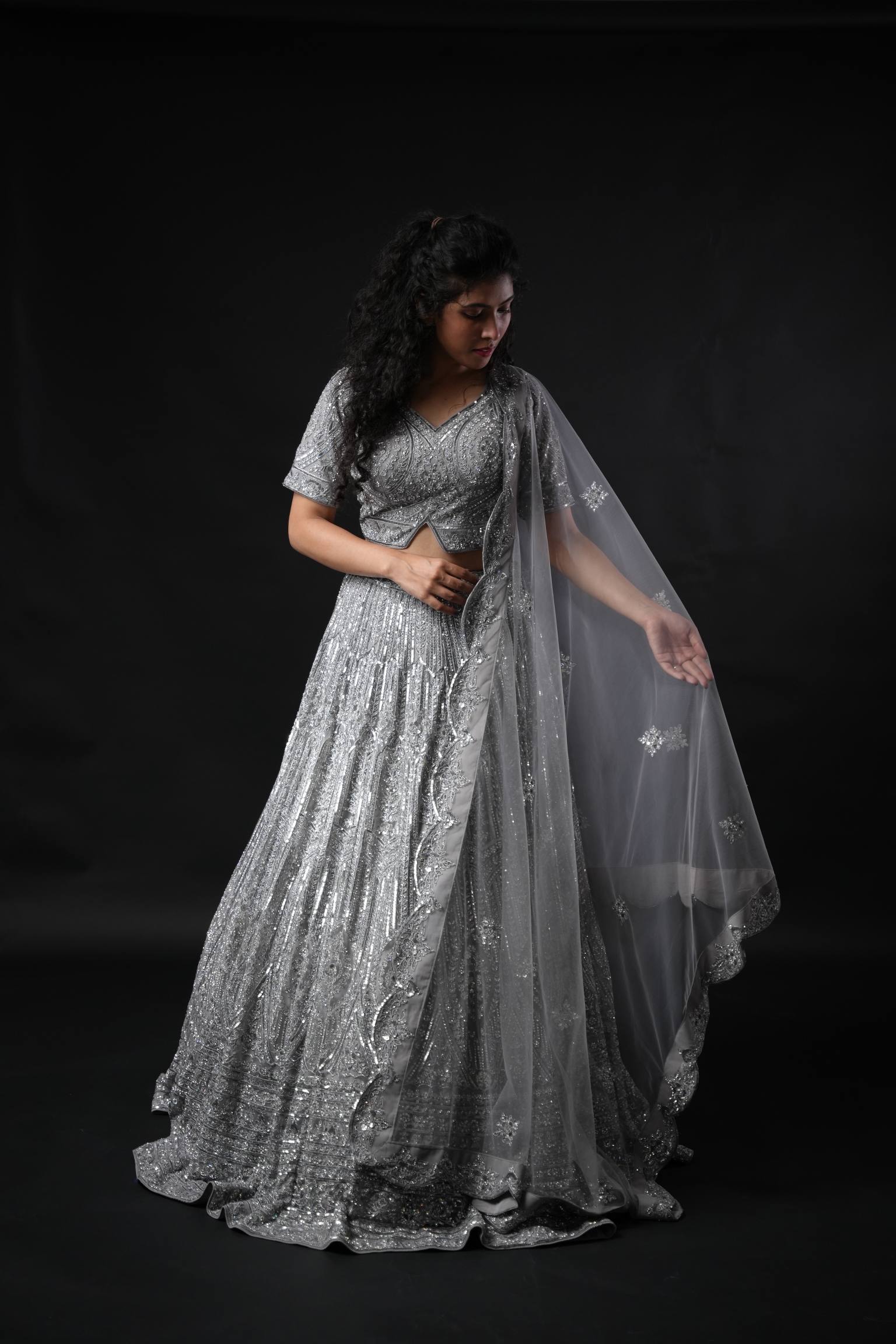 Stunning Silver Grey Sequin Lehenga with Floral Embroidery and Sheer Dupatta