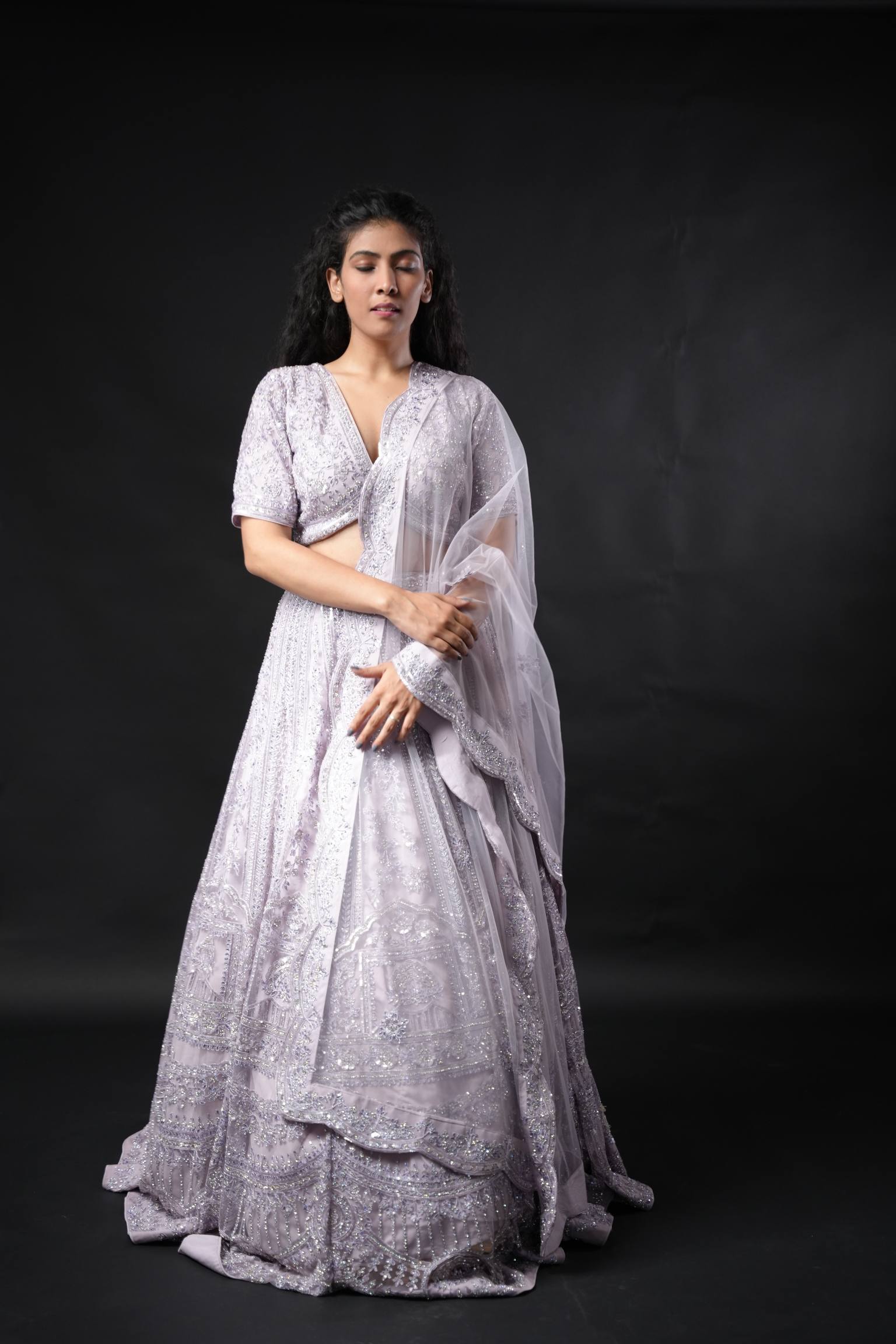 Stunning Silver Grey Sequin Lehenga with Floral Embroidery and Sheer Dupatta