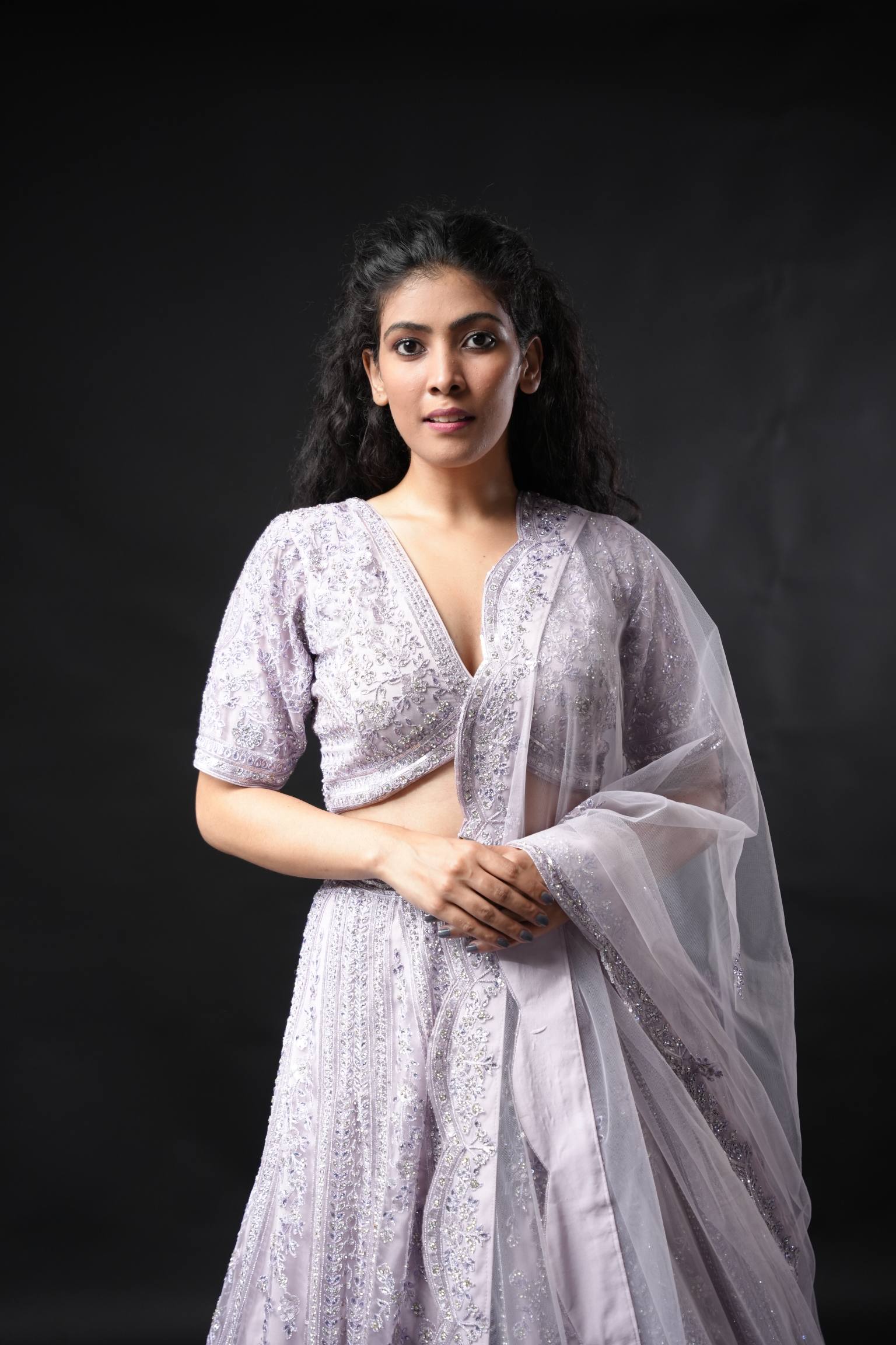 Stunning Silver Grey Sequin Lehenga with Floral Embroidery and Sheer Dupatta