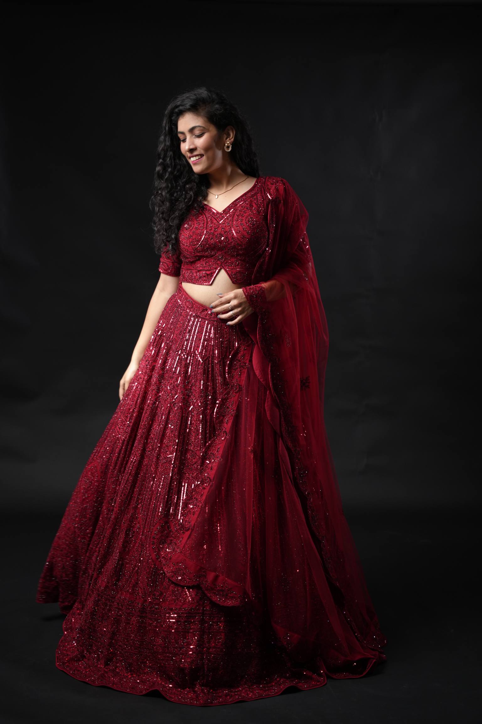 Radiant Wine Maroon Sequin Lehenga with Embroidered Blouse and Net Dupatta