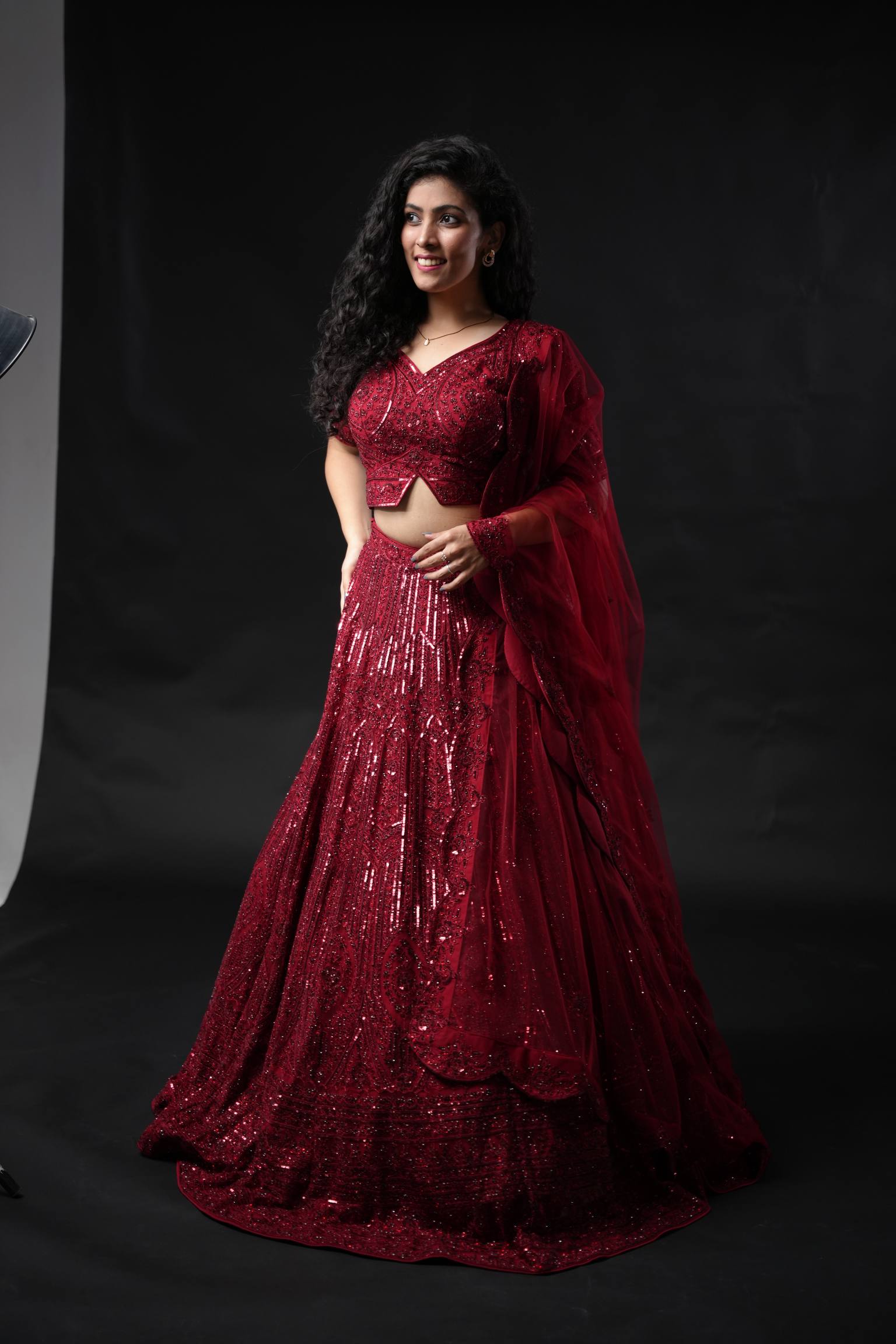 Radiant Wine Maroon Sequin Lehenga with Embroidered Blouse and Net Dupatta