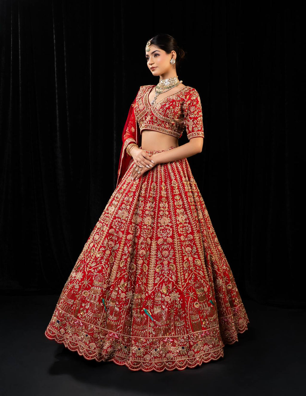 Exquisite Crimson Red Bridal Lehenga with Heavy Golden Zari and Intricate Hand Embroidery