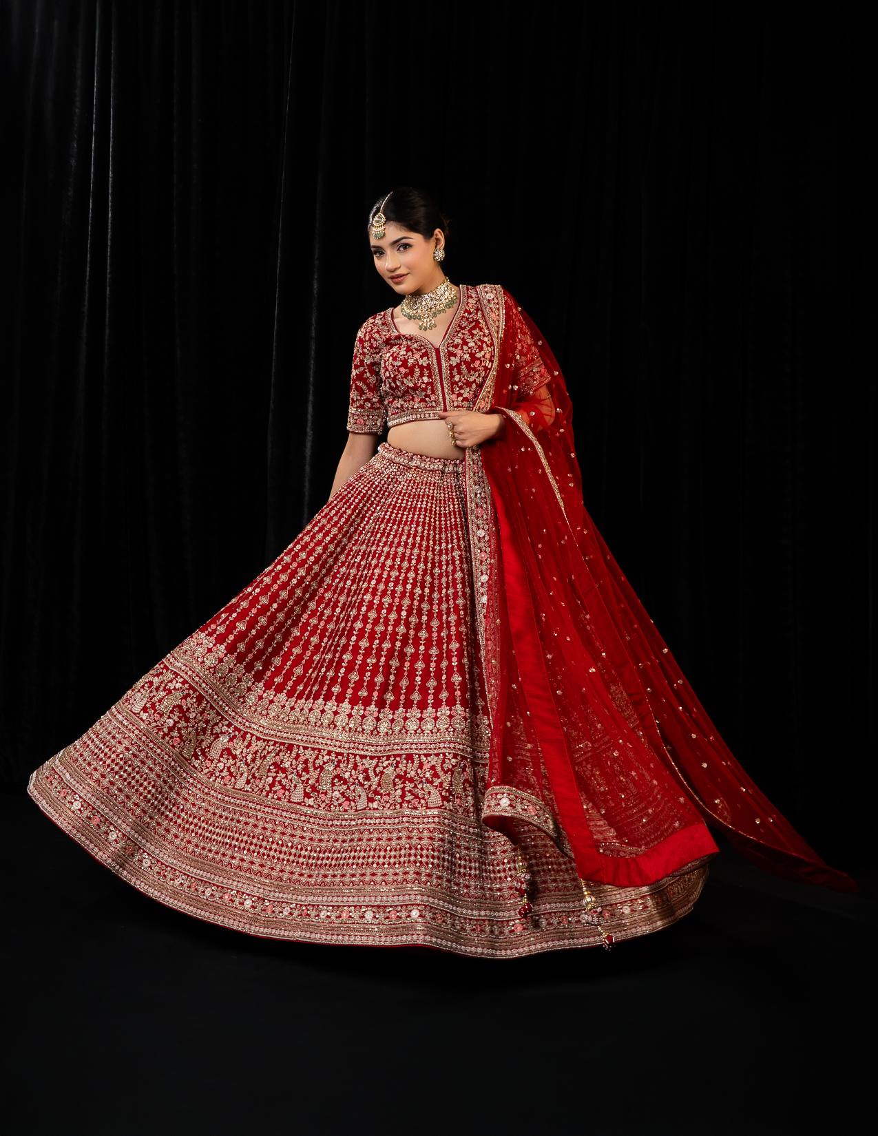 Magnificent Red Bridal Lehenga with Silver Pearl Embroidery and Sequin Work