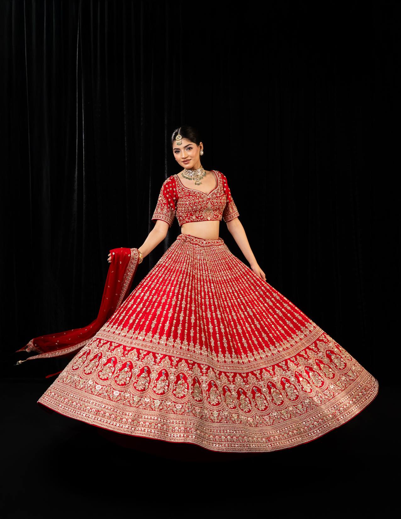 Elegant Red Bridal Lehenga with Golden Embroidery and Deep Back Blouse Design