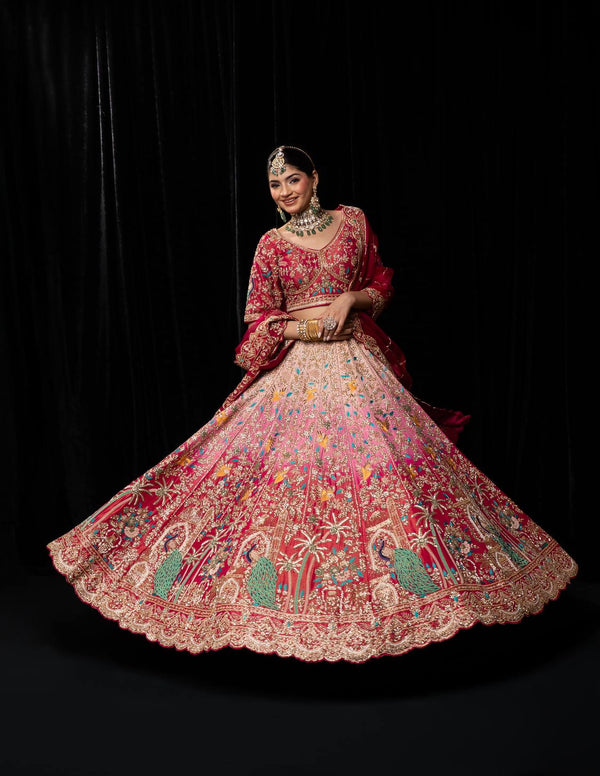 Stunning Pink Red Bridal Lehenga with Multicolor Peacock Embroidery and Floral Motifs